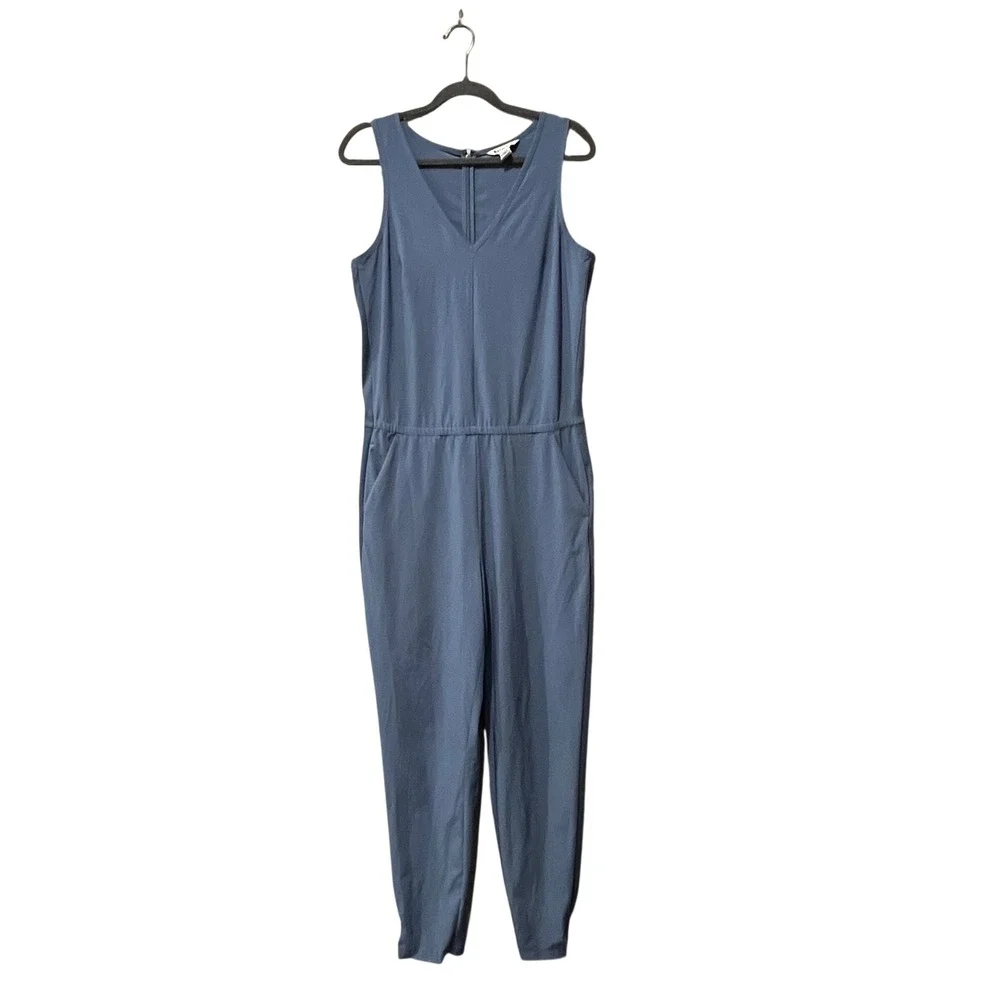 Athleta Brooklyn Jumpsuit Womens 12 Tall‎ Blue Sleeveless V-Neck Athleisure